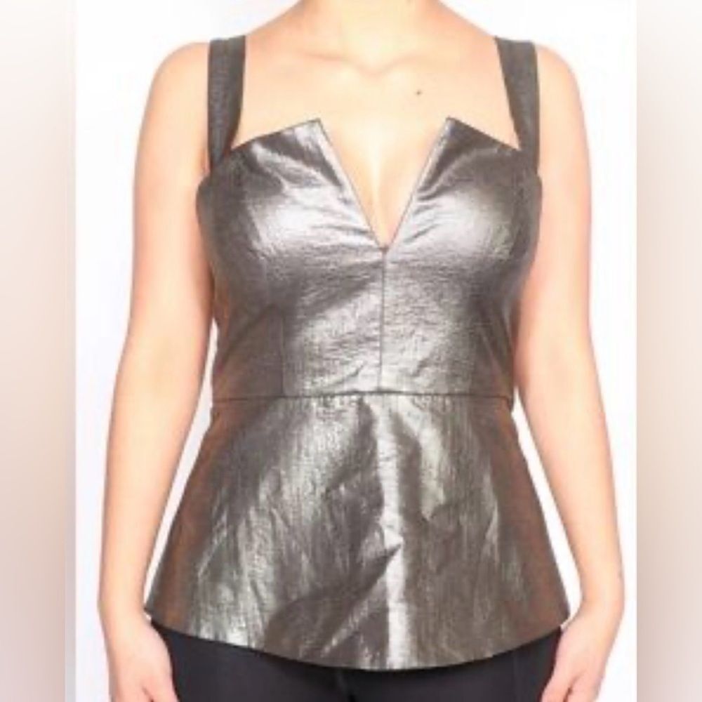 NWT BCBGMaxazria Women’s Metallic Strappy Top Size 4 Silver Blouse $178